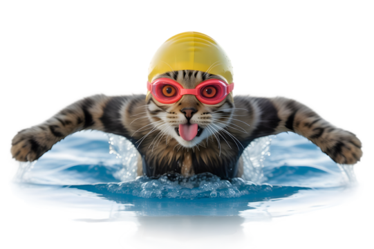 Funny cat wearing swimming goggles and cap swimming in water isolated on transparent background