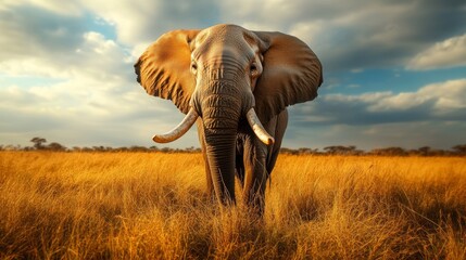 Obraz premium Majestic african elephant with large curved tusks standing proudly in golden sunlit savannah grassland under clear blue sky, symbolizing wildlife conservation and natural beauty of african wilderness 