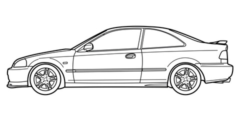Сlassic sport coupe car from 90s, 00s, 3d side view. Different five view shot - front, rear, side and 3d. Outline doodle vector illustration
