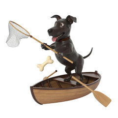 Playful black dog in a rowboat with a net and bone isolated on transparent background