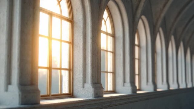 Arched Windows and Sunlight: A row of arched windows, framed by architectural columns, captures the warm glow of the sun's radiant light and creates a timeless scene.
