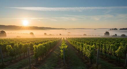 Fototapeta premium Vineyard at Sunrise with Fog and Rolling Hills