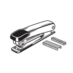Classic illustration featuring a black and white depiction of a stapler with a retro art design and staples next to the office tool.