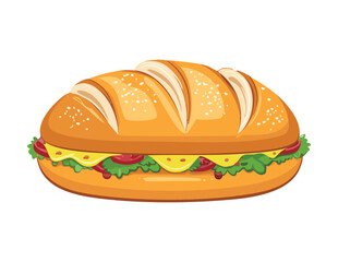 Fresh Delicious Sub Sandwich with Tomato - Vector Illustration