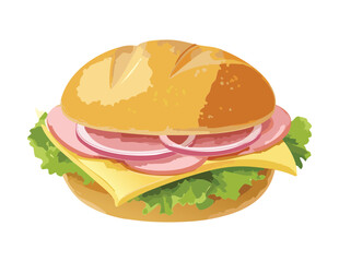 Savory Ham and Red Onion Sandwich on Bun - Vector Illustration