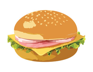 Fresh Ham and Cheese Sandwich on Sesame Bun - Vector Illustration