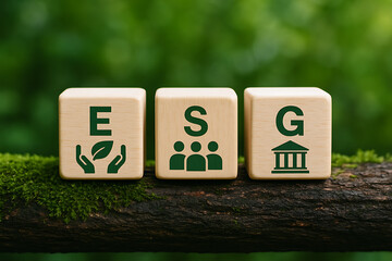 Wood blocks showing esg concept with icons representing environmental social and governance for responsible and ethical business practices and decision making