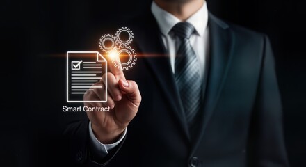 A businessman in a suit touches a digital icon representing a smart contract with gears