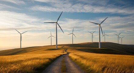 Wind Turbines on a Golden Hillside at Sunset - Renewable Energy