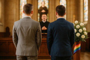 Gay Couple Before Minister in Church Wedding Scene

LGBTQ+ Faith and Love Represented in Traditional Church Setting