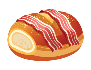 Golden Brown Bun with Crispy Bacon Slices Vector Illustration