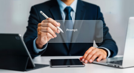 A businessman in a suit holds a stylus and prepares to write on a digital prompt interface