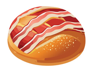 Round Bacon Topped Bread with Sesame Vector Illustration
