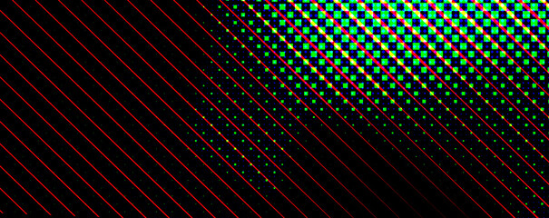Abstract digital background with red diagonal lines and a vibrant green and blue pixelated halftone pattern, suitable for tech