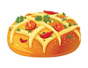 Savory Bread Loaf with Cheese Topping Vector Illustration