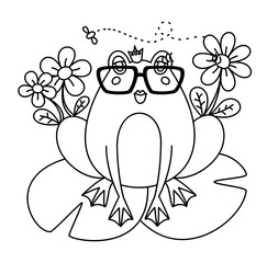 Frog illustration, cute illustrated toad on Lilly pads, sassy animal drawing