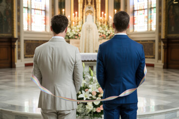 Gay Wedding Ceremony in Church with Rainbow Ribbon Symbol

Two Grooms United by Pride Ribbon at Church Altar