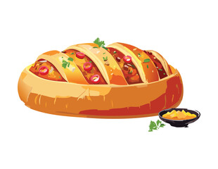 Golden Brown Loaf with Savory Sliced Topping Vector Illustration