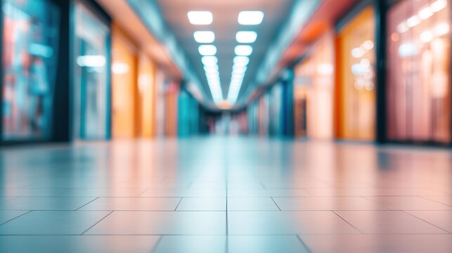 Soft focus shopping mall background, blurred storefronts