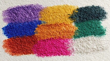 Colorful pigment swatches on textured paper.