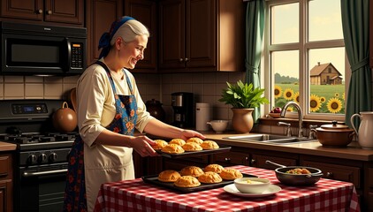 Woman is in a kitchen, smiling and holding a tray of baked goods