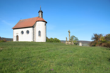 Wayside shrine and St.Gangolfs Chapel at the way of the Cross,Fladungen,lower Franconia,Bavaria,Rhon,Germany