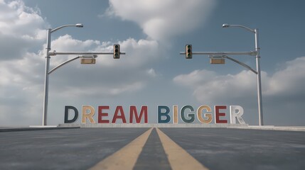 Dream bigger text on road with traffic lights and cloudy sky background motivational concept render