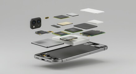 Exploded view of a modern smartphone showcasing its intricate internal components and layered electronic architecture