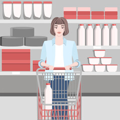 A girl in a store with a shopping basket. Supermarket vector illustration.