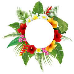 Tropical leaves and flowers round frame on white background. Vector illustration. © ajibon