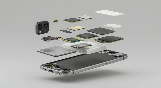 Exploded view of a modern smartphone showcasing its intricate internal components and layered electronic architecture