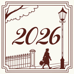 Vintage scene with person walking by lamppost retro