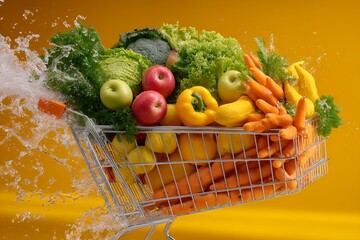 Vibrant vegetables and fruits in shopping cart with water splash on yellow background