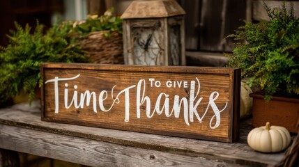 A rustic thanksgiving display featuring a wooden sign and autumnal decorations outdoors on a wooden surface