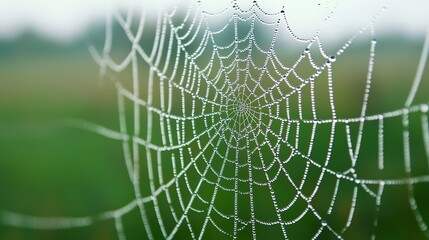 Detailed view of a spider's intricate web with morning dew drops, sparkling