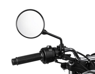 A shiny motorcycle handlebar with a chrome mirror, isolated on a white background.
