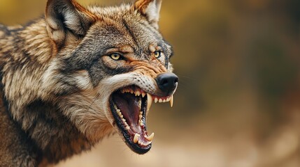 Detailed view of a wolf's powerful teeth exposed in a snarl, menacing, wild