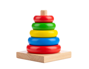 A colorful wooden ring stacker toy with rings of various sizes, isolated on white.