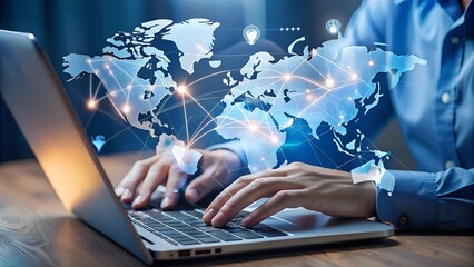 A person typing on a laptop with a glowing digital world map overlay showing global connections