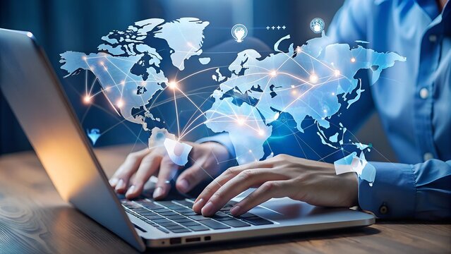 A person typing on a laptop with a glowing digital world map overlay showing global connections