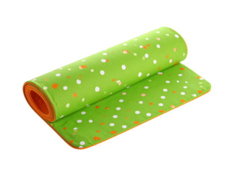 A green polka dot tummy time mat, soft and comfortable for babies, isolated on white.