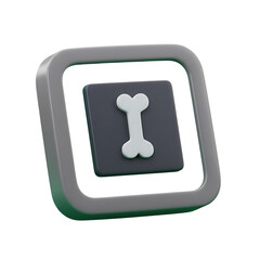 3D rendered square icon, gray frame, dark gray square, white bone symbol.