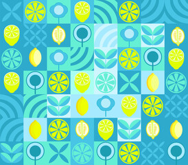 Lemon geometric background. Vector minimalist style pattern. Abstract illustration of lemon, leaves, symbols. Simple icon.	
