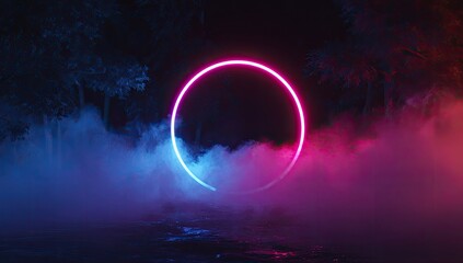 Neon circle in a mystical forest at night