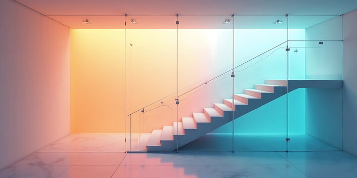 a modern interior featuring a staircase with glass balustrades