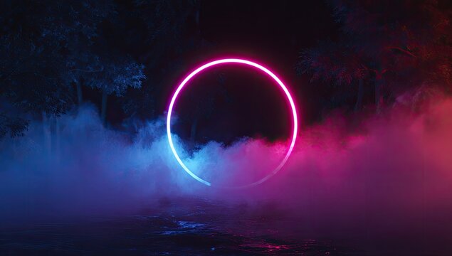 Neon circle in a mystical forest at night