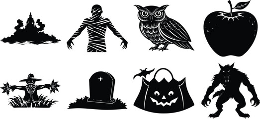 Halloween graphics set, black and white background