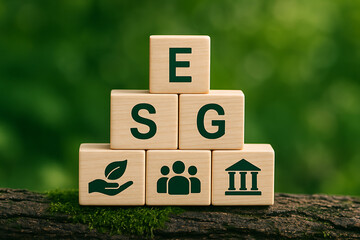 Esg sustainability concept with wooden blocks environment social governance icons pyramid structure on green background promoting responsible business and ethical global practices