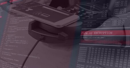 Smartphone tapping terminal and exchanging data, code scrolling, encrypting transaction - Powered by Adobe