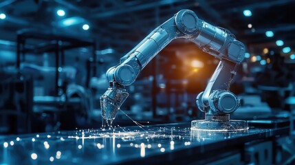 Advanced robot arm system for digital industry and factory robotic technology . Automation manufacturing robot controlled by industry engineering using IOT software connected to internet network .